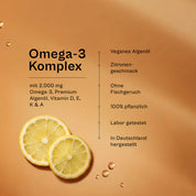 Omega-3-Komplex im Überblick: 2.000 mg Omega-3 aus veganem Premium-Algenöl mit Vitamin D, E, K und A, Zitronengeschmack, ohne Fischgeruch, 100 Prozent pflanzlich, laborgetestet, in Deutschland hergestellt